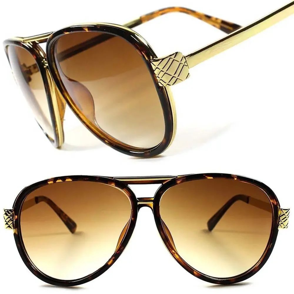 Gold Arm Tortoise Retro Hip Hop Swag Large Oversized Pilot 80s 90s Sunglasses